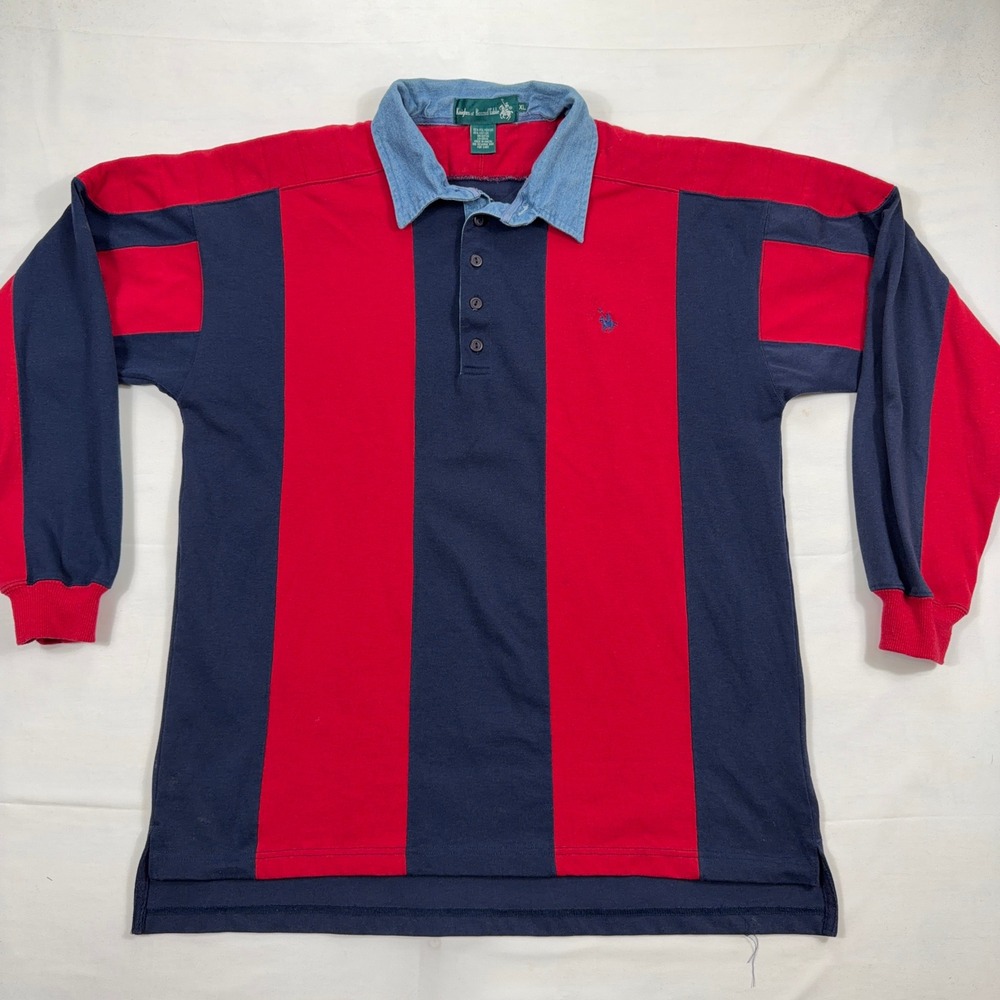 VTG Knights of Round Table Striped Rugby Shirt Denim Collar XL Red Navy Blue Men